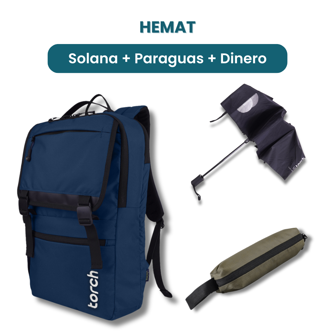 Dalam paket ini kamu akan mendapatkan:  - Solana Backpack  - Paraguas Foldable Umbrella  - Dinero Money Belt