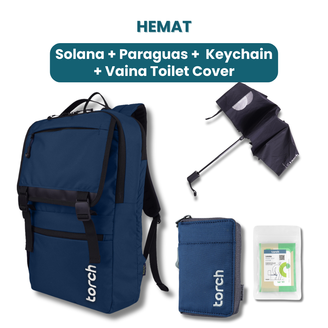 Dalam paket ini kamu akan mendapatkan:  - Solana Backpack  - Paraguas Foldable Umbrella   - Keychain Beketov  - Vaina Toilet Cover