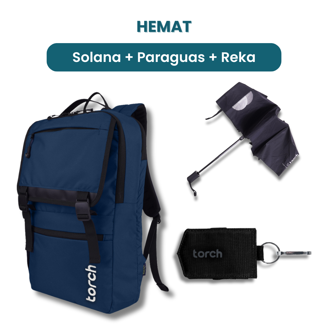 Dalam paket ini kamu akan mendapatkan:  - Solana Backpack  - Paraguas Foldable Umbrella  - Reka Magic Wallet