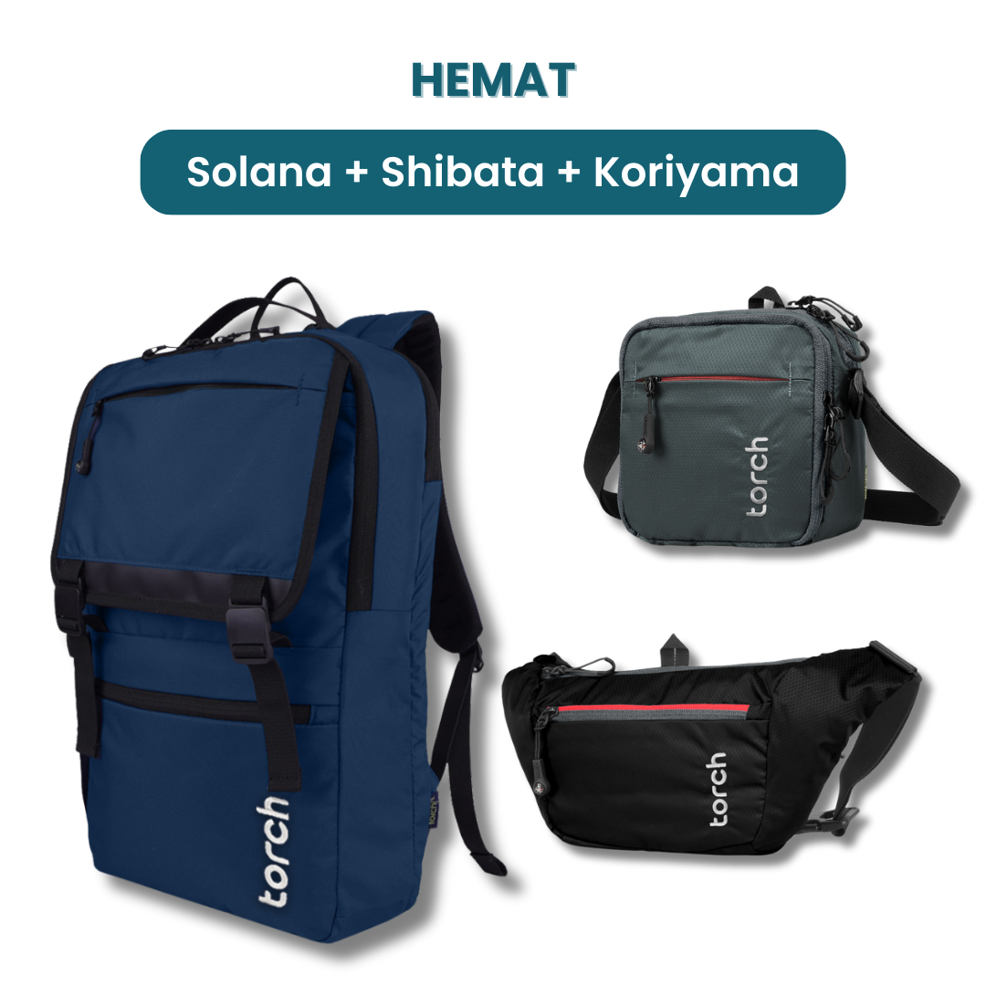 Dalam paket ini kamu akan mendapatkan:  - Solana Backpack  - Shibata Travel Pouch  - Koriyama Waist Bag