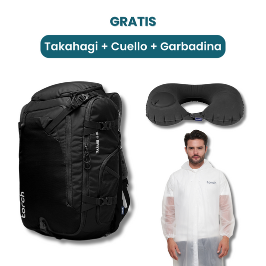 Dalam paket ini kamu akan mendapatkan:  - Takahagi Travel Backpack  - Cuello Neck Pillow  - Gabardina Rain Coat