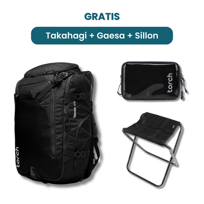 Dalam paket ini akan mendapatkan :  - Takahagi Travel Backpack  - Gaesa Hanging Wallet  - Sillon Foldable Chair