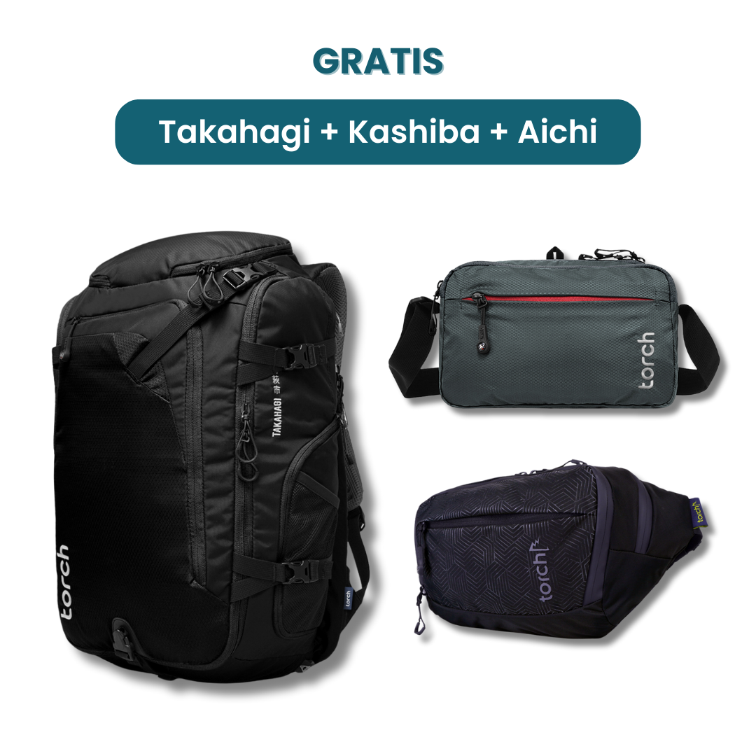 Dalam paket ini akan mendapatkan :  - Takahagi Travel Backpack  - Kashiba Travel Pouch   - Aichi Waist Bag