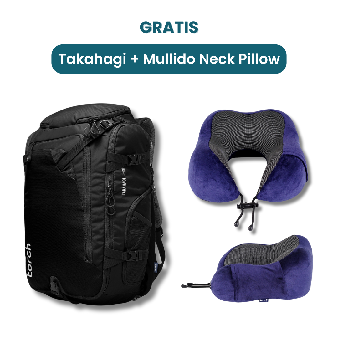 Dalam paket ini kamu akan mendapatkan:  - Takahagi Travel Backpack  - Mullido Foam Travel Neck Pillow