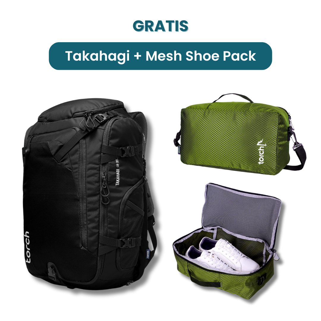 Dalam paket ini akan mendapatkan :  - Takahagi Travel Backpack  - Yeocha D Mesh Shoe Pack