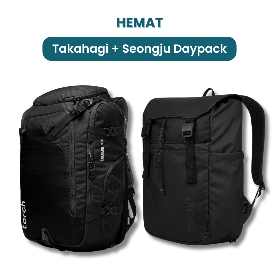 Dalam paket ini kamu akan mendapatkan:  - Takahagi Travel Backpack  - Seongju Daypack 19L