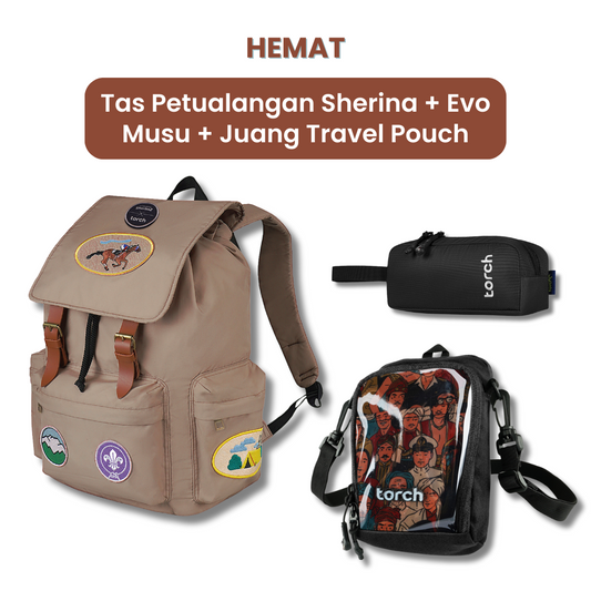 Dalam paket ini kamu akan mendapatkan:  - Tas Petualangan Sherina Daypack 26L  - Evo Musu Stationary  - Juang Travel Pouch
