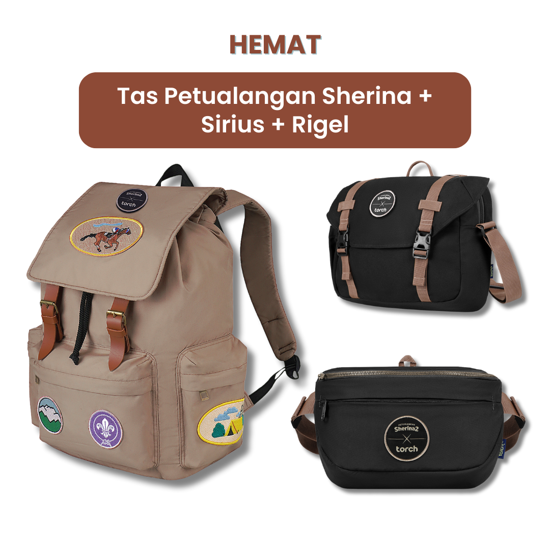 Dalam paket ini akan mendapatkan :  - Tas Petualangan Sherina Daypack 26L   - Sirius Messenger Bag   - Rigel Waist Bag   