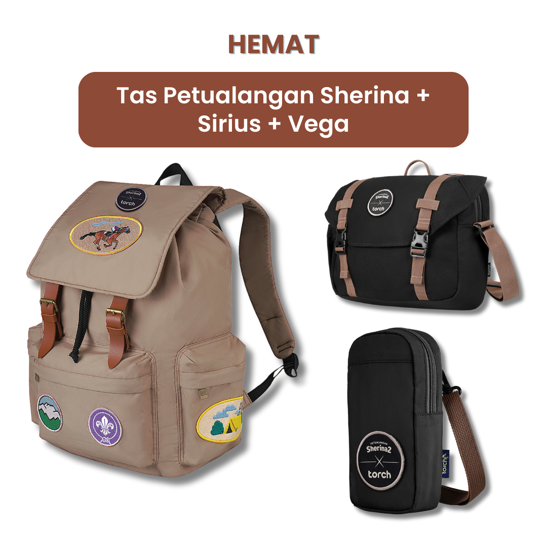 Dalam paket ini akan mendapatkan :  - Tas Petualangan Sherina Daypack 26L   - Sirius Messenger Bag  - Vega Travel Pouch   