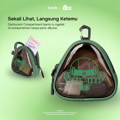 A triangular green and clear plastic organizer pouch shown on a light green background, with a smaller inset view of the same pouch and text describing a dark lucient compartment that opens automatically when filled. Visible branding includes Torch and G-1000.