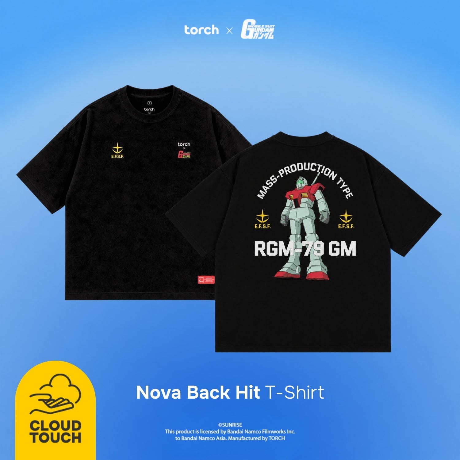 Black short-sleeve T-shirt shown from front and back on a blue gradient background. The front has small yellow and red chest graphics, and the back features a large white and red robot graphic with the text 'MASS-PRODUCTION TYPE', 'RGM-79 GM', and 'EFSF'