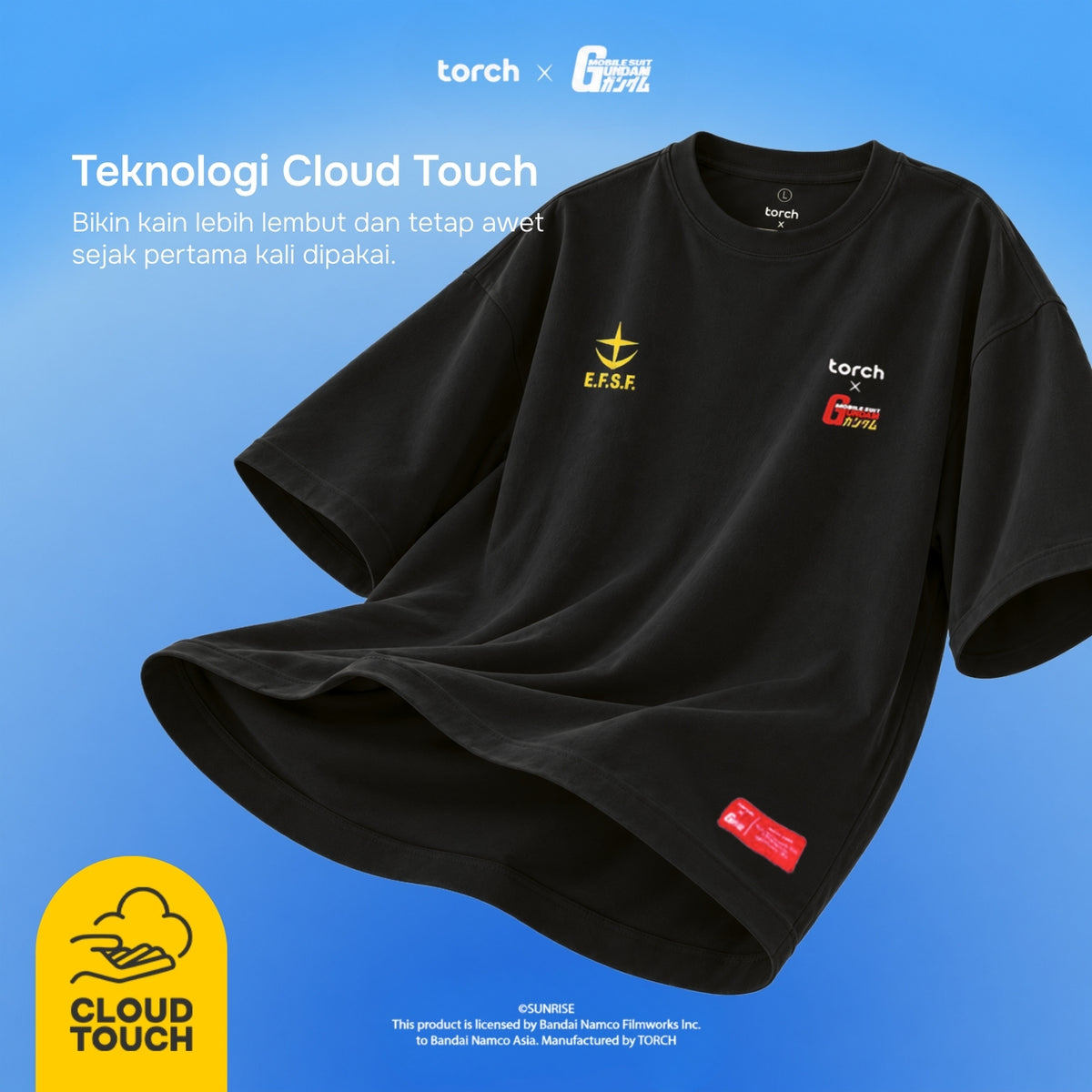 A black short-sleeve T-shirt floating on a blue gradient background, with printed Torch x Mobile Suit Gundam branding on the chest and a small red label near the hem. White promotional text appears on the left, and a Cloud Touch logo badge appears in the lower left corner.