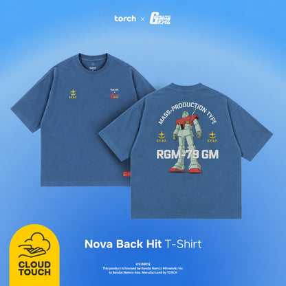 Blue short-sleeve T-shirt shown from both front and back on a blue gradient background. The front has small yellow and red chest graphics, and the back features a large white robot graphic with red and yellow accents and text reading 'MASS-PRODUCTION TYPE', 'RGM-79 GM', and 'EFSF'.