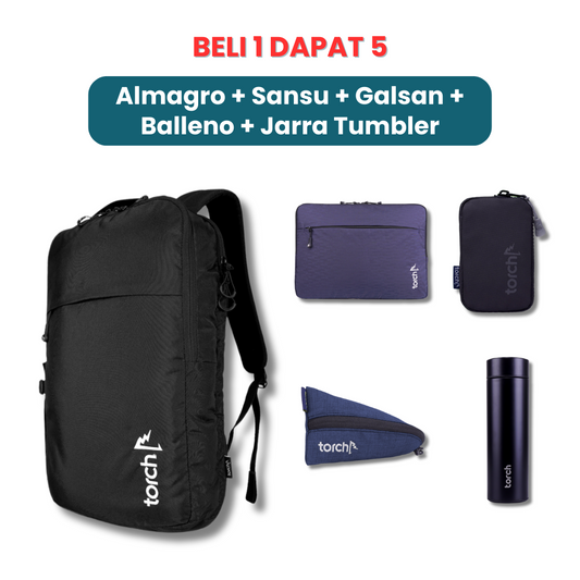 Dalam paket ini kamu akan mendapatkan:  - Almagro Backpack  - Sansu Laptop Sleeve  - Galsan Keychain  - Balleno Stationary  - Jarra Tumbler