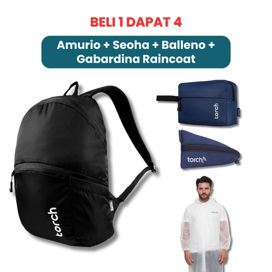 Dalam paket ini kamu akan mendapatkan:  - Amurio Backpack  - Seoha Toilteries  - Balleno Stationary  - Gabardina Raincoat