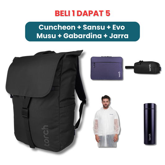 Dalam paket ini kamu akan mendapatkan:  - Cuncheon Backpack  - Sansu Laptop Sleeve  - Evo Musu Stationary   - Gabardina Raincoat  - Jarra Tumbler