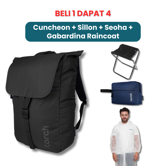 Dalam paket ini kamu akan mendapatkan:  - Cuncheon Backpack   - Sillon Foldable Chair  - Seoha Toileteries  - Gabardina Raincoat