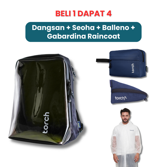 Dalam paket ini kamu akan mendapatkan:  - Dangsan Backpack   - Seoha Toileteries  - Balleno Stationary  - Gabardina Raincoat