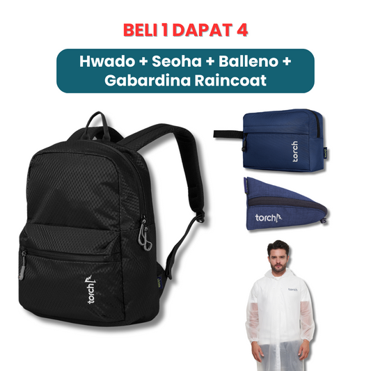 Dalam paket ini kamu akan mendapatkan:  - Hwado Backpack  - Seoha Toilteries  - Balleno Stationary  - Gabardina Raincoat