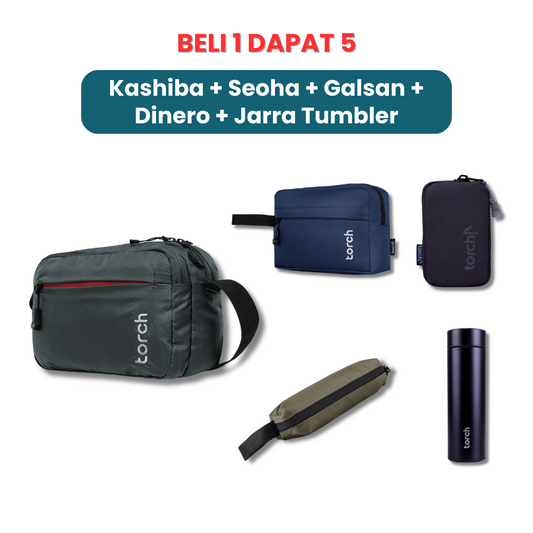 Dalam paket ini kamu akan mendapatkan:  - Kashiba Travel Pouch   - Seoha Toilteries  - Galsan Keychain  - Dinero Money Belt   - Jarra Tumbler