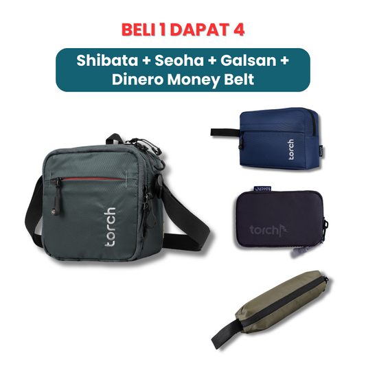 Dalam paket ini kamu akan mendapatkan:  - Shibata Travel Pouch  - Seoha Toilteries  - Galsan Keychain  - Dinero Money Belt