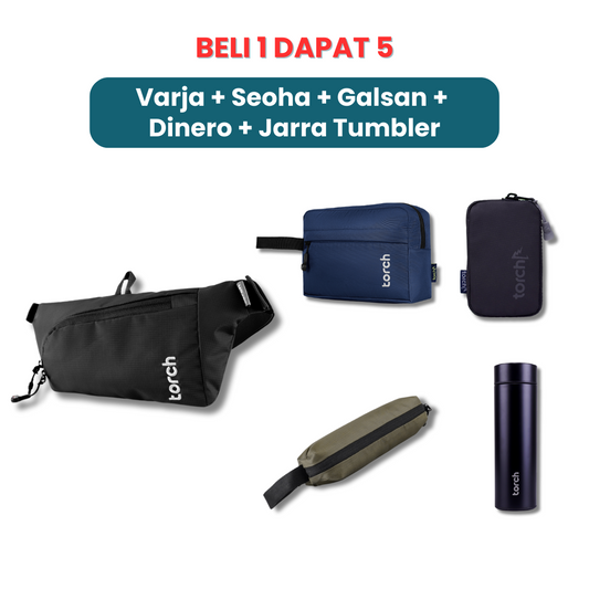 Dalam paket ini kamu akan mendapatkan:  - Varja Waist Bag   - Seoha Toilteries   - Galsan Keychain  - Dinero Money Belt   - Jarra Tumbler