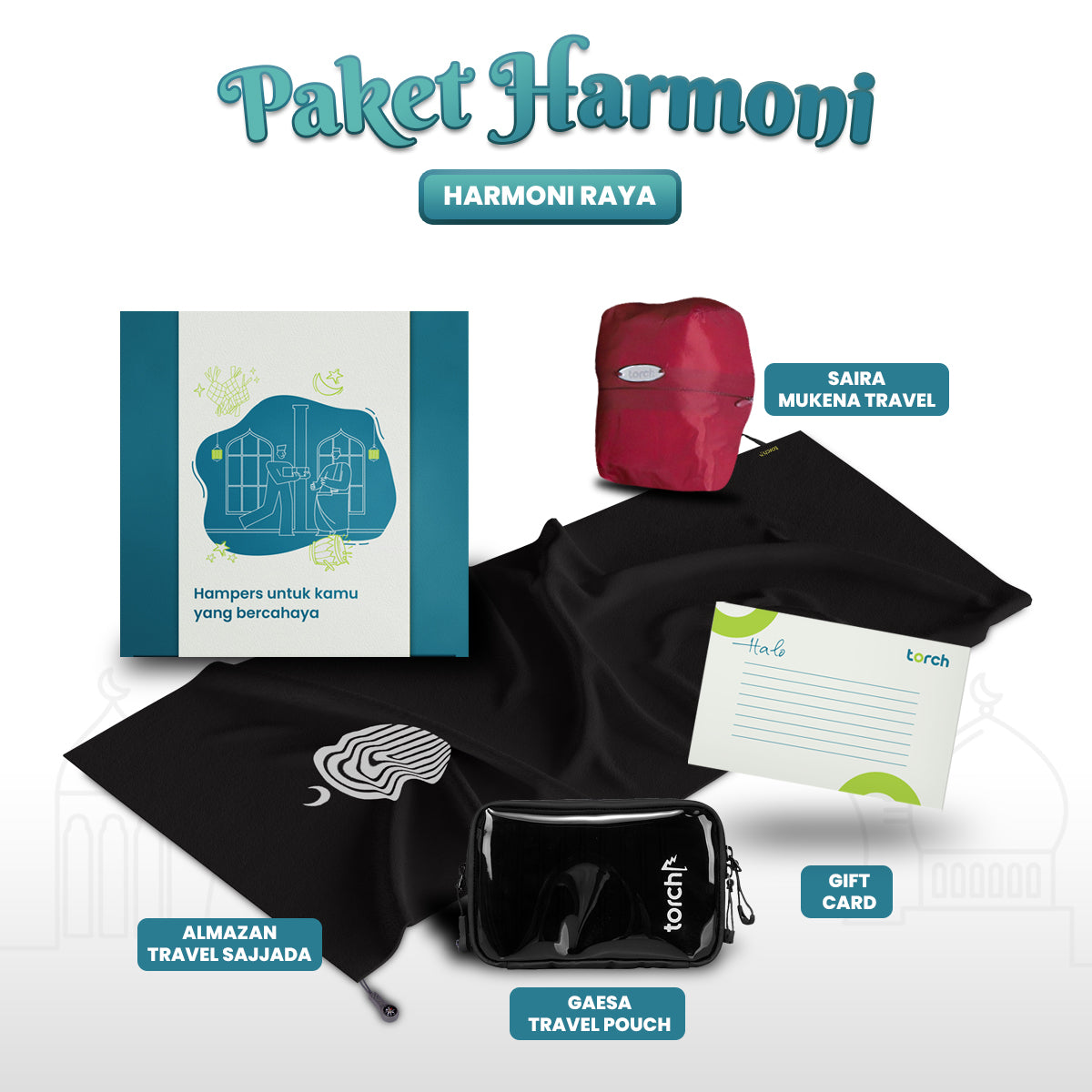 Paket Hampers Harmoni Raya - Almazan Sajjada + Gaesa Hanging Wallet + Saira Mukena Lipat Polos