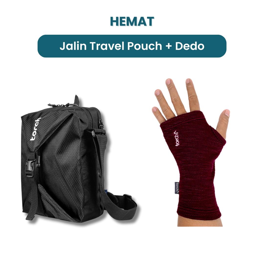 Dalam paket ini kamu akan mendapatkan:  - Jalin Travel Pouch  - Dedo Half Gloves   