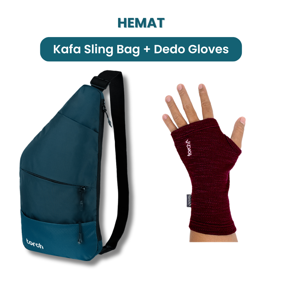 Dalam paket ini kamu akan mendapatkan:  - Kafa Sling Bag  - Dedo Half Gloves   