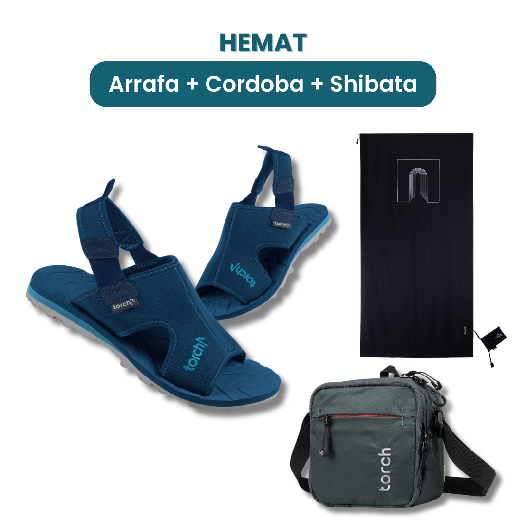 Dalam paket ini akan mendapatkan :  - Arrafa Sandal   - Cordoba Sajjada  - Shibata Travel Pouch