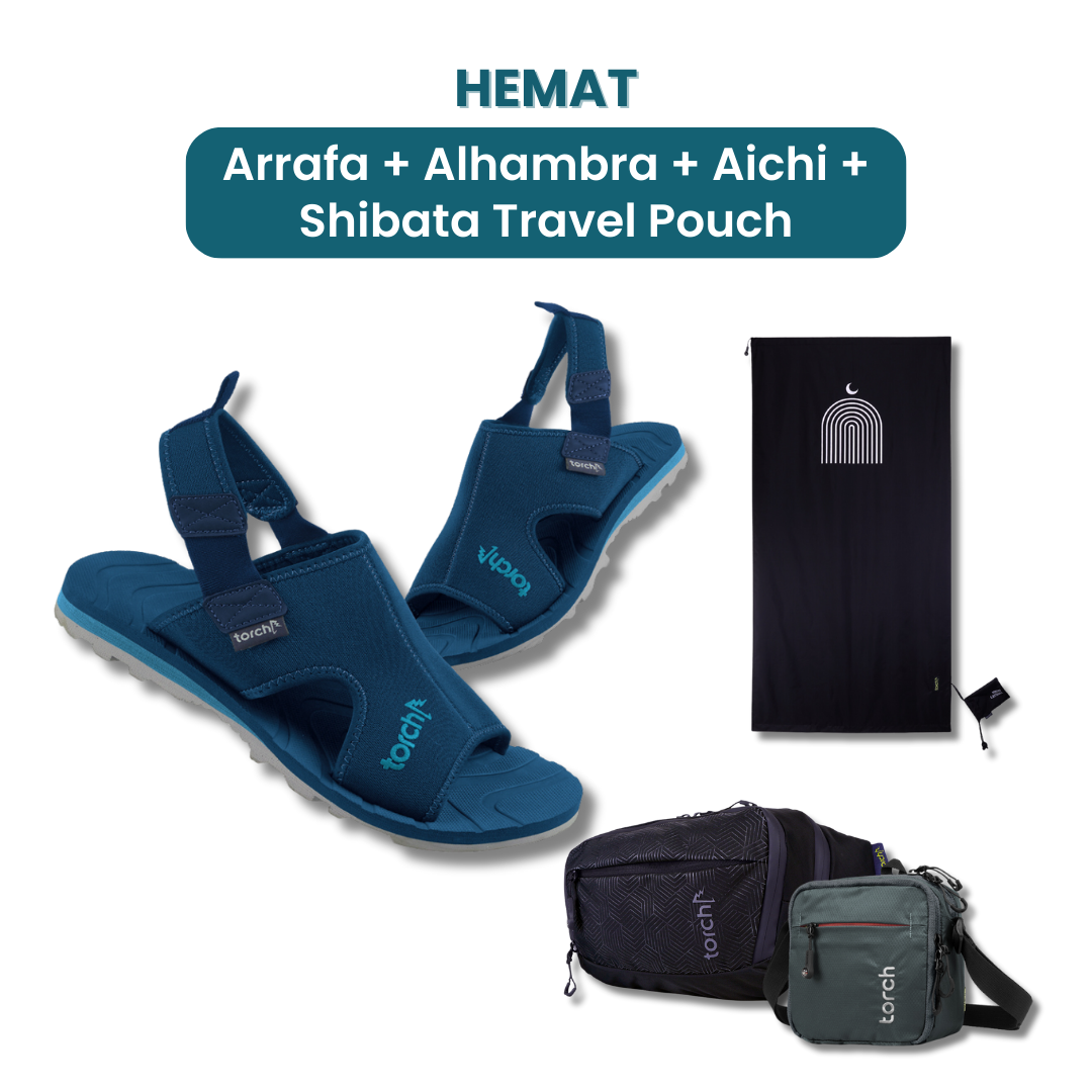 Dalam paket ini akan mendapatkan :  - Arrafa Sandal   - Alhambra Sajjada  - Aichi Waist Bag  - Shibata Travel Pouch