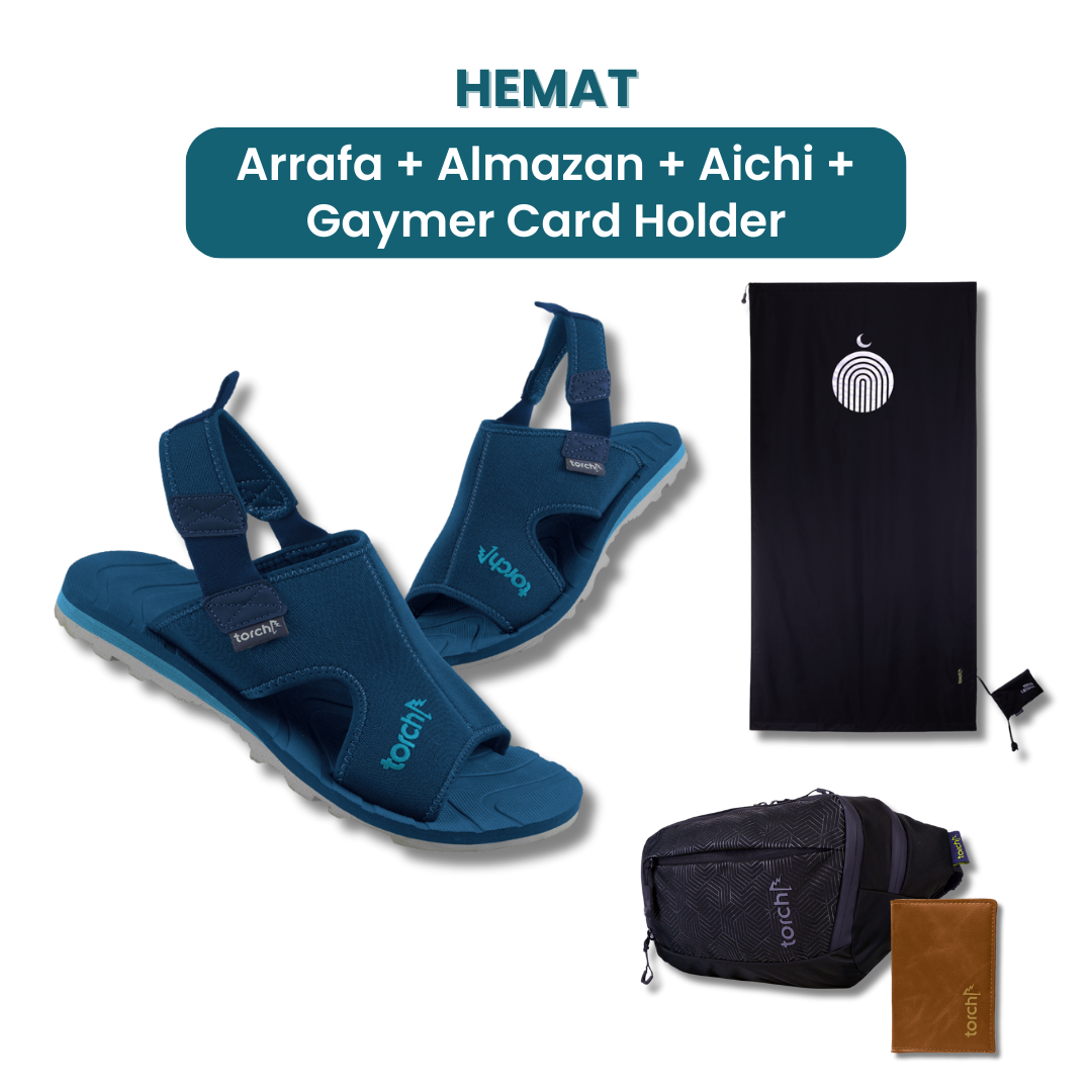 Dalam paket ini akan mendapatkan :  - Arrafa Sandal   - Almazan Sajjada  - Aichi Waist Bag  - Gaymer Card Holder