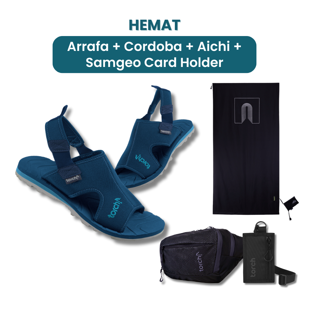 Dalam paket ini akan mendapatkan :  - Arrafa Sandal   - Cordoba Sajjada  - Aichi Waist Bag  - Samgeo Card Holder
