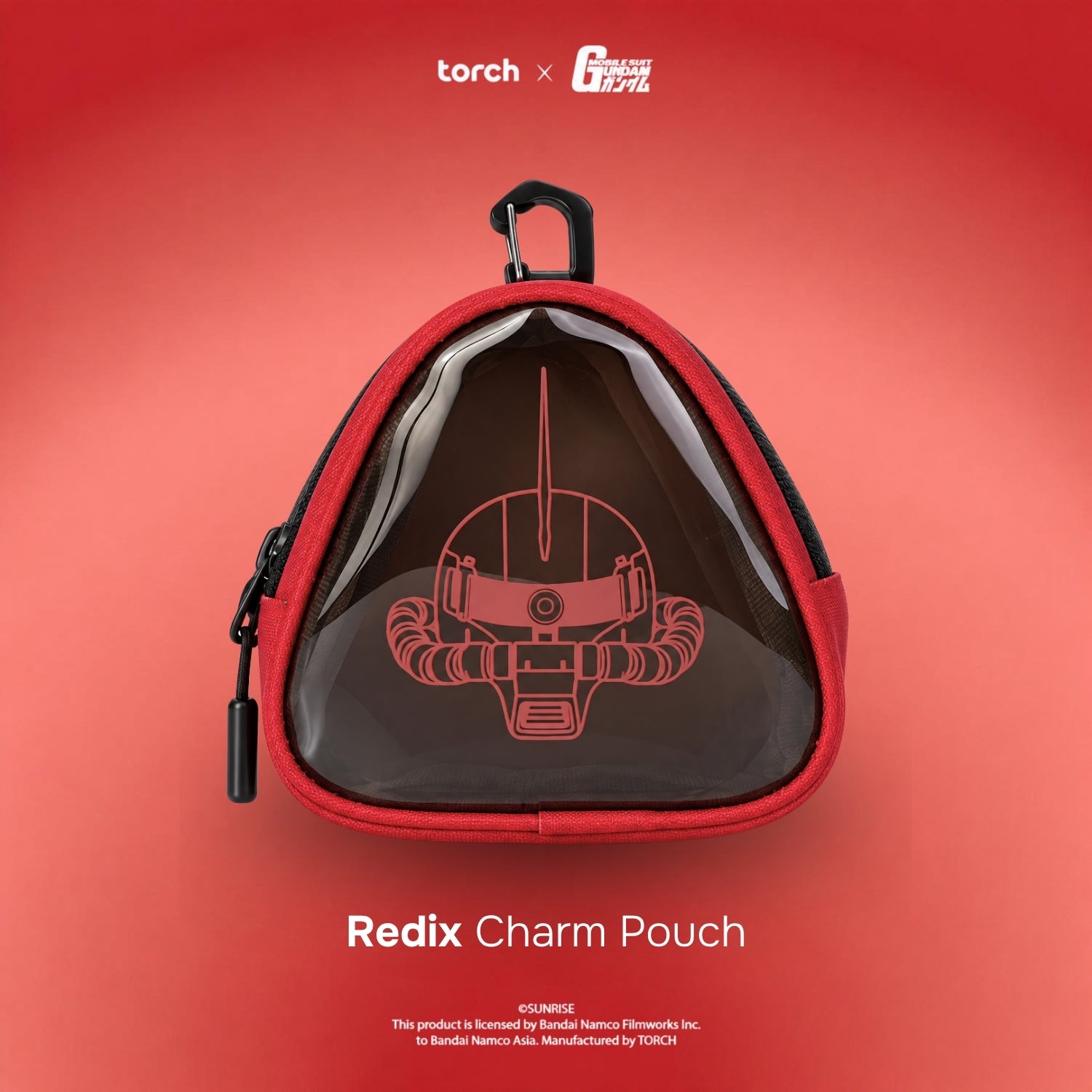 A triangular red and black pouch with a clear front panel featuring a red Gundam helmet graphic, shown on a red gradient background with Torch and G101x101 branding at the top and 'Redix Charm Pouch' text at the bottom.