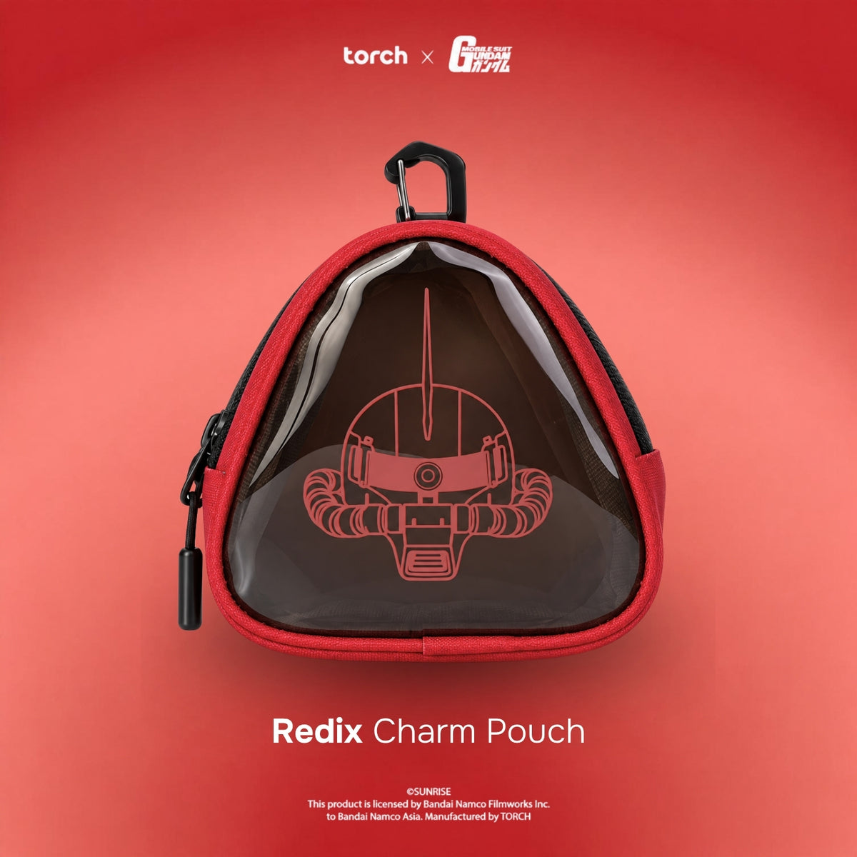 A triangular red and black pouch with a clear front panel featuring a red Gundam helmet graphic, shown on a red gradient background with Torch and G101x101 branding at the top and 'Redix Charm Pouch' text at the bottom.