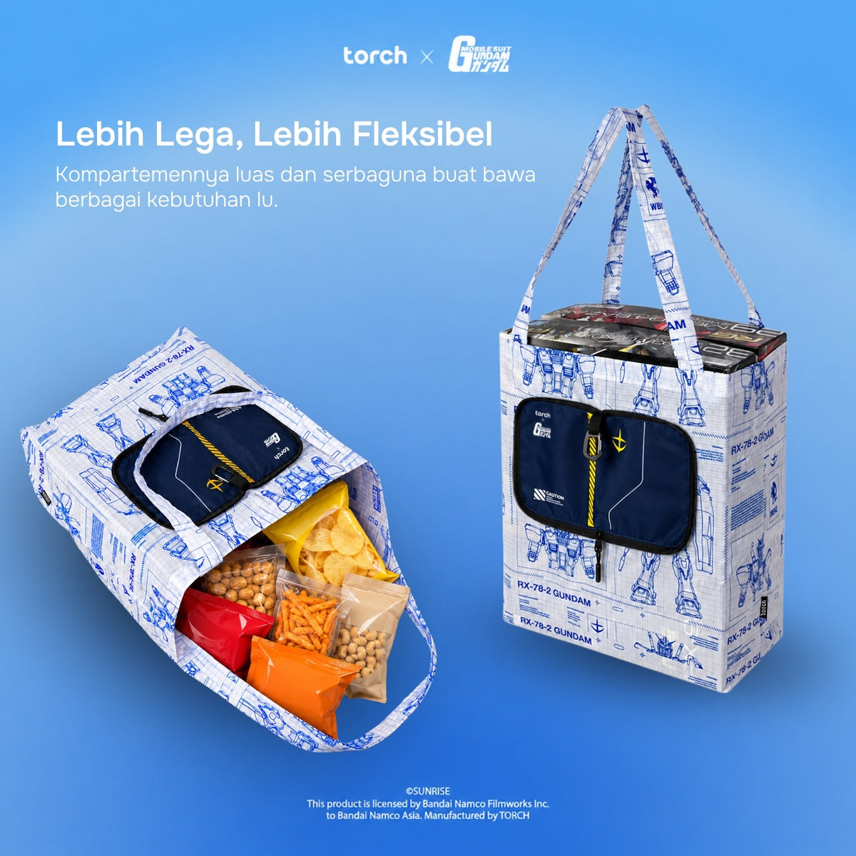 Two tote bags with a blue-and-white technical drawing print are shown on a blue gradient background. One bag is open, revealing snacks inside, and the other is closed, showing its front pocket.