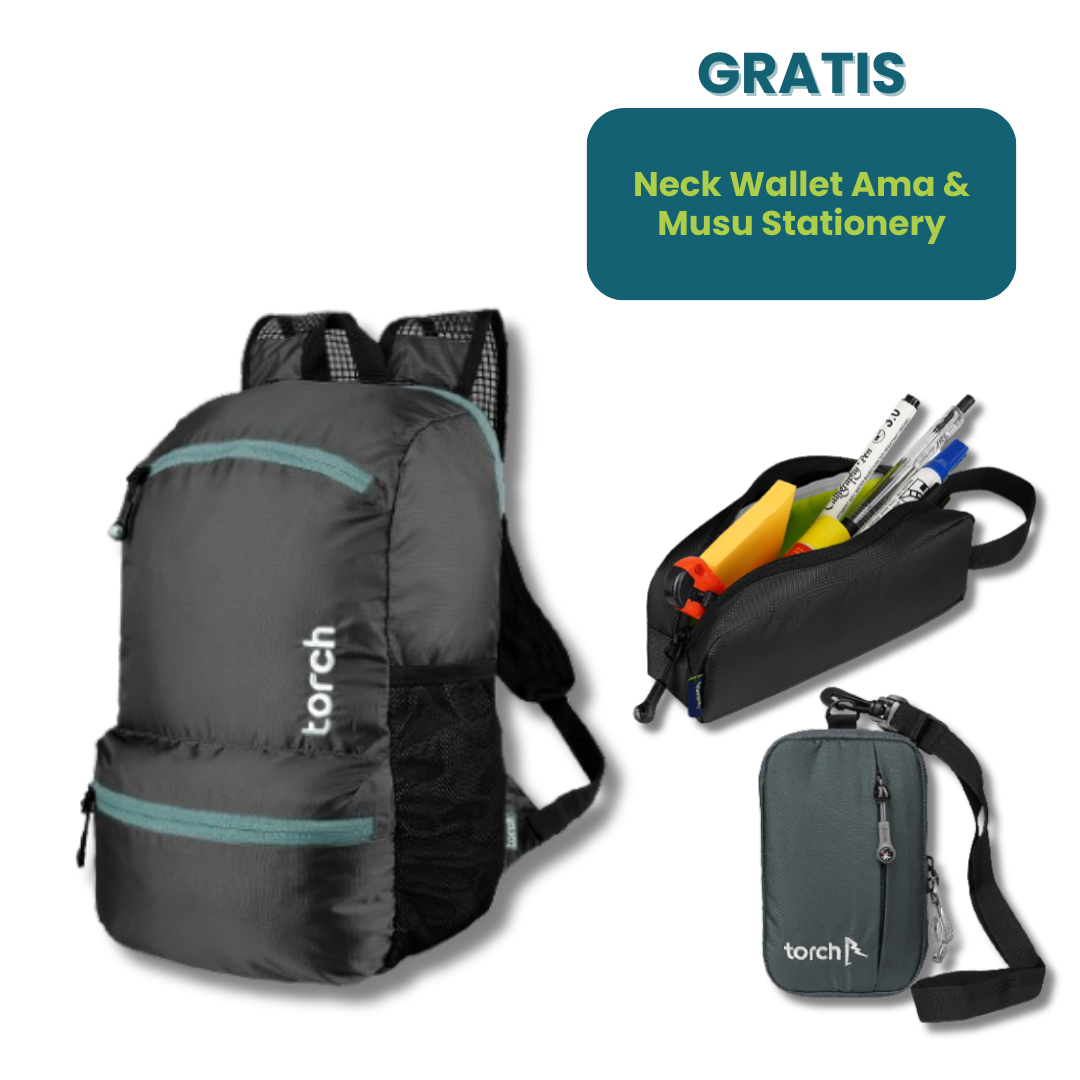 Hemat - Tata Foldable Backpack + Neck Wallet & Stationery