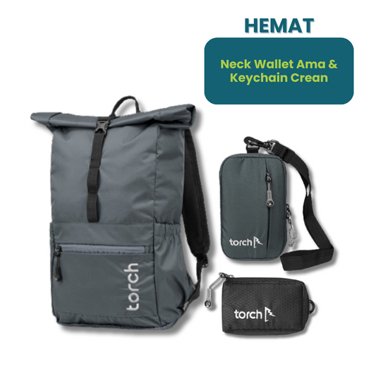 Paket Hemat - Kashiwa Foldable Backpack + Neck Wallet & Keychain
