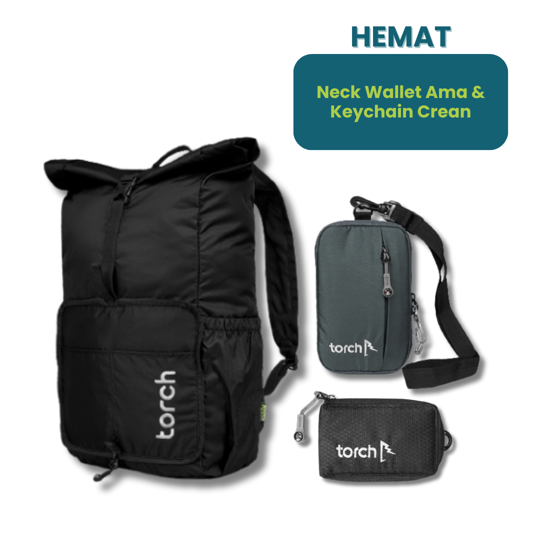 Hemat - Kumano Foldable Backpack + Neck Wallet & Keychain