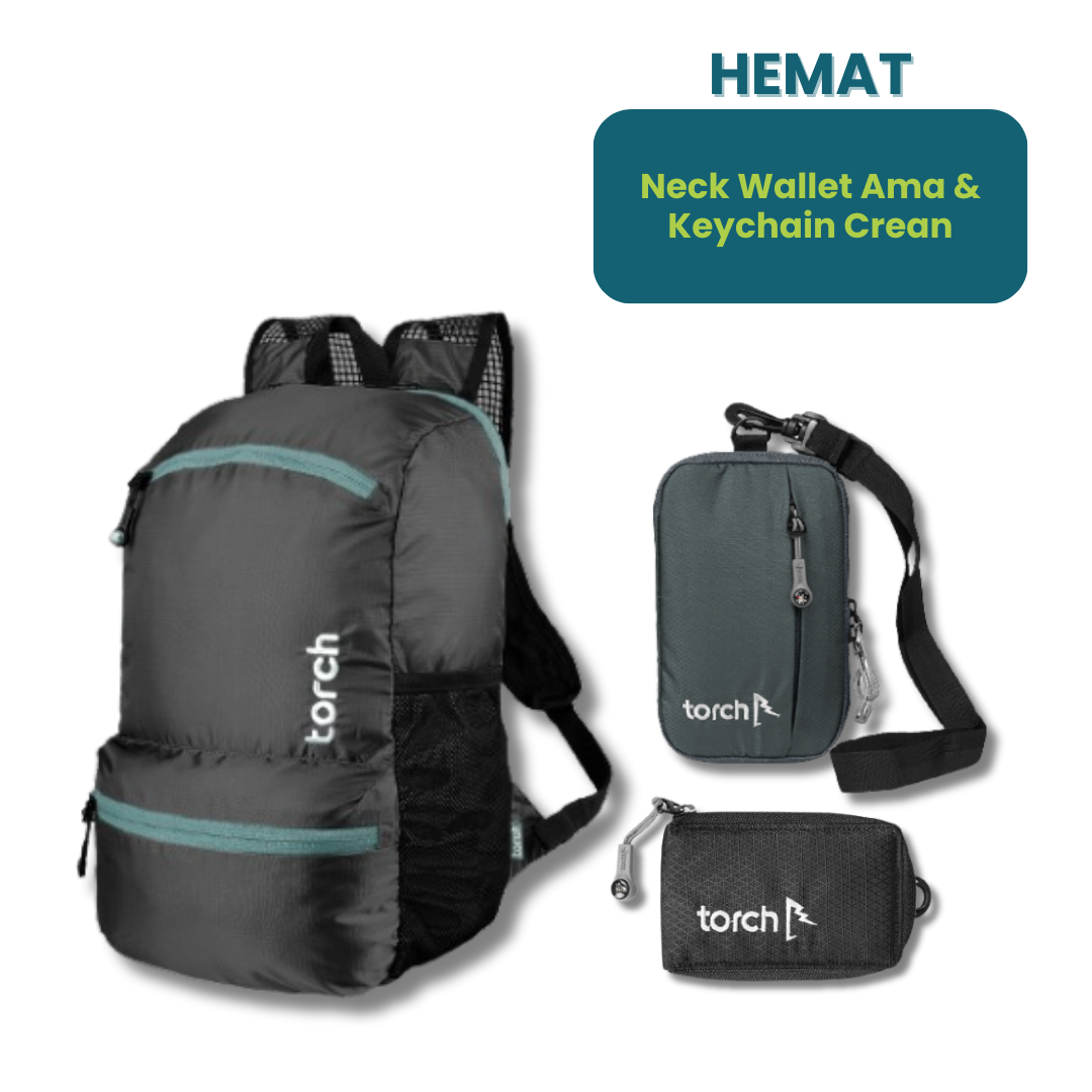 Hemat - Tata Foldable Backpack + Neck Wallet & Keychain