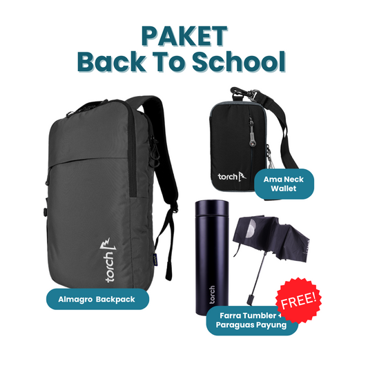 Paket Back To School - Almagro  Backpack + Ama Neck Wallet Gratis Farra Tumber + Paraguas Payung